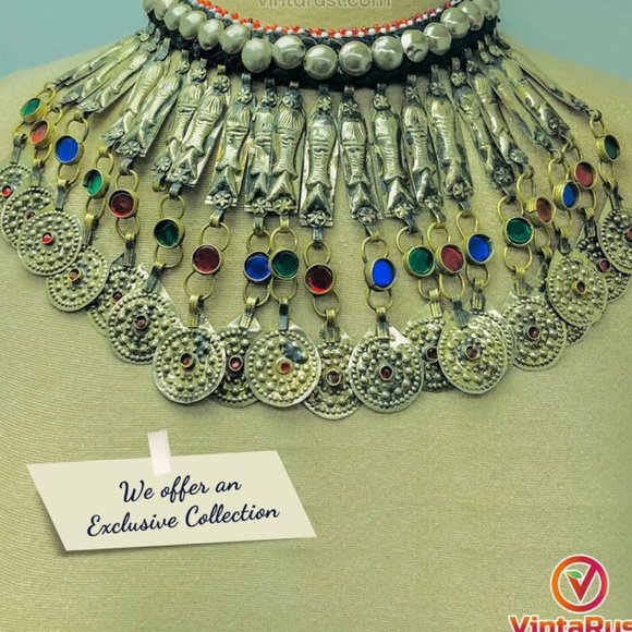 Handmade Choker Necklace, Long Dangling Tassels Fish Motif Necklace - Picture 2 of 14